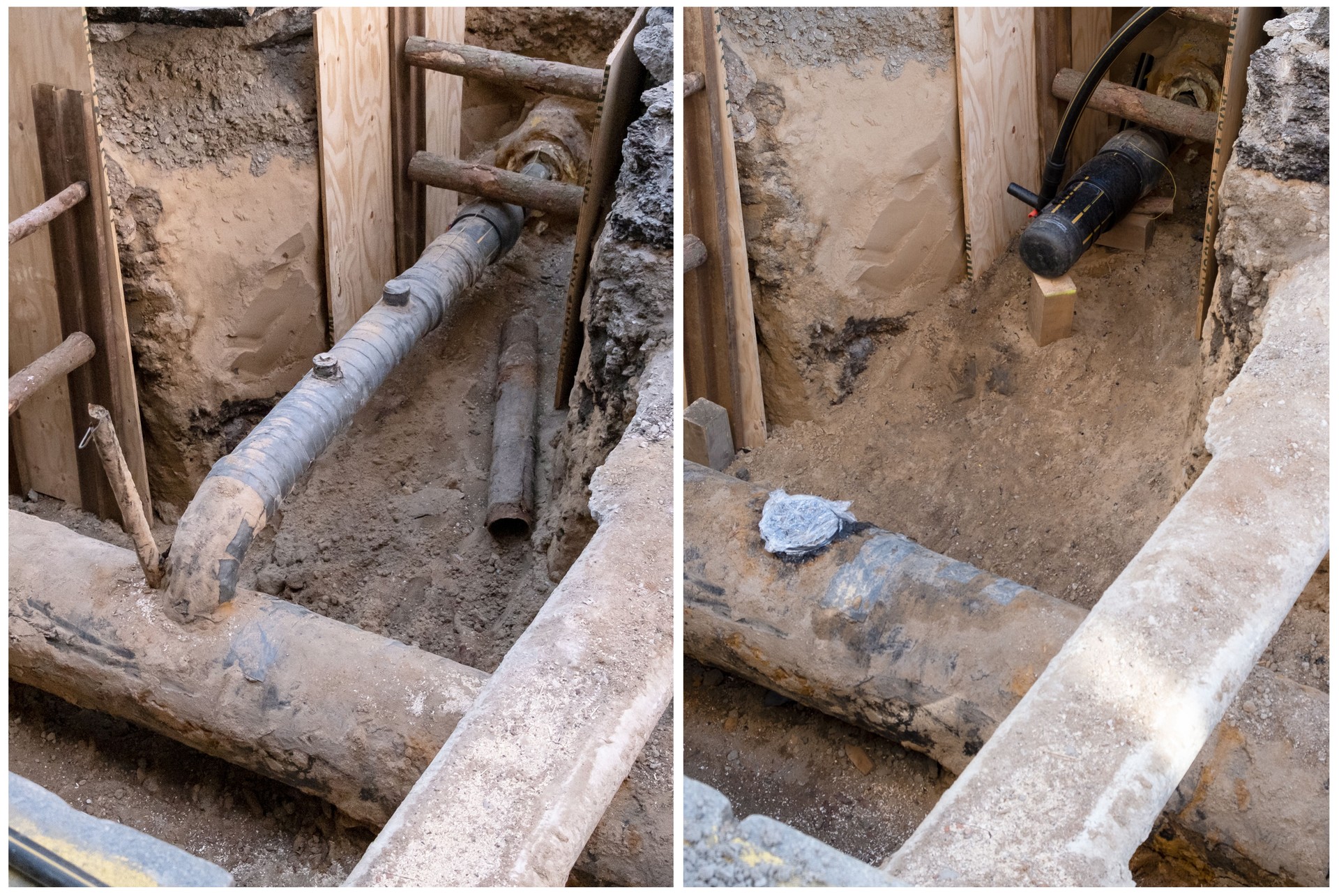 Avant et après. L’infrastructure de la ville, le remplacement des systèmes d’eau et de gaz. Projet d’aménagement urbain : réparation de canalisations et mise à niveau ou rénovation pour les résidents.