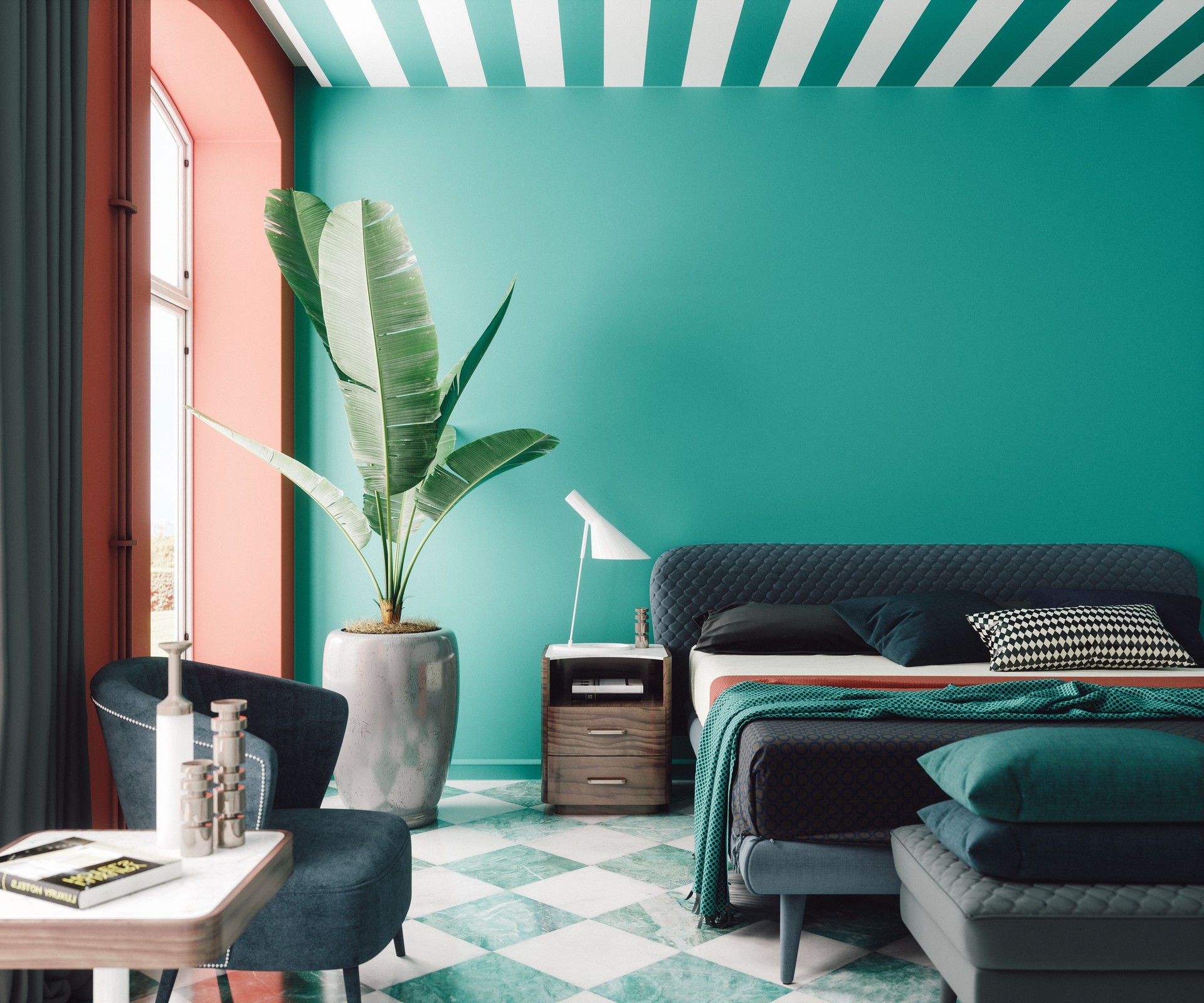 Intérieur de chambre moderne du milieu du siècle dans des couleurs pastel